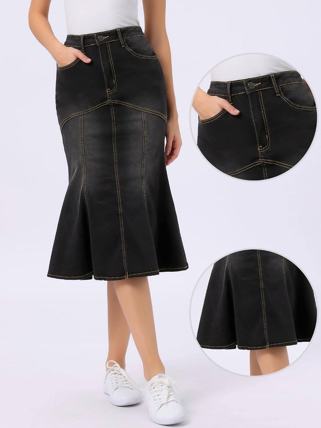 Women's Denim Fishtail Midi Skirt High Waist Black