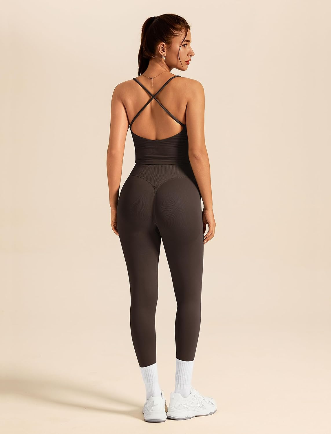 Women's Strappy Cami Tank and Crossover Leggings Coffee