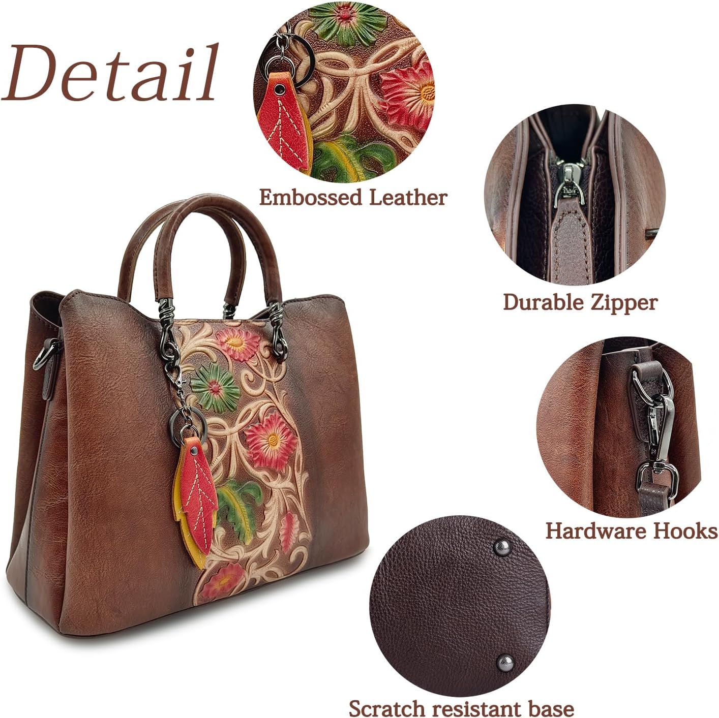 Women's Floral Tooled Leather Top Handle Tote Bag Brown