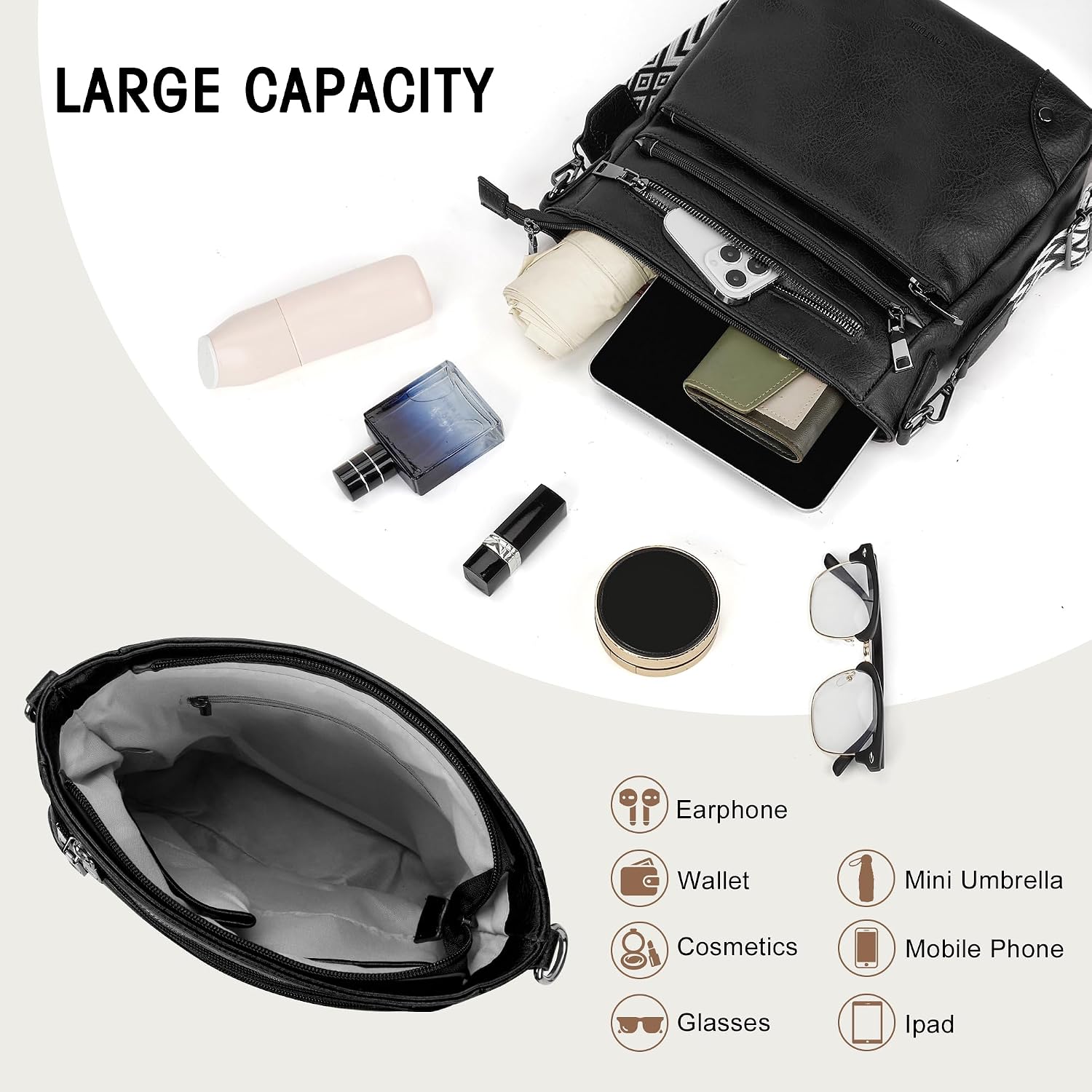 Women's Nylon Crossbody Bag Multi Pocket with Wide Strap