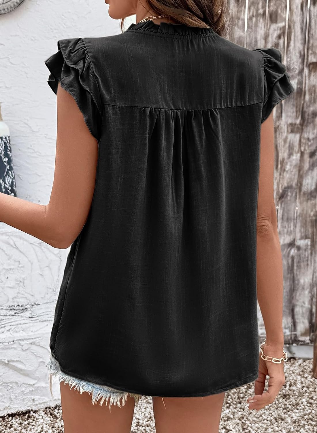 Women's Lace Embroidery Tassel V Neck Blouse Black