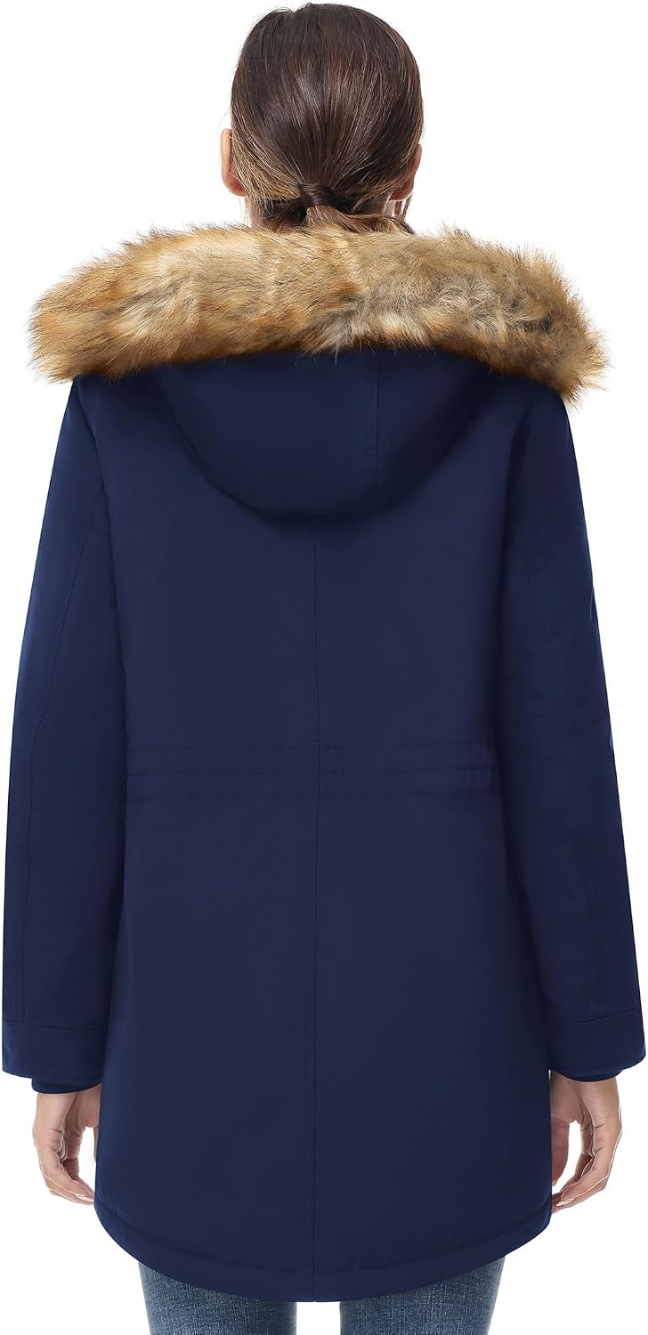 Women's Sherpa Lined Parka Coat Faux Fur Hood Navy