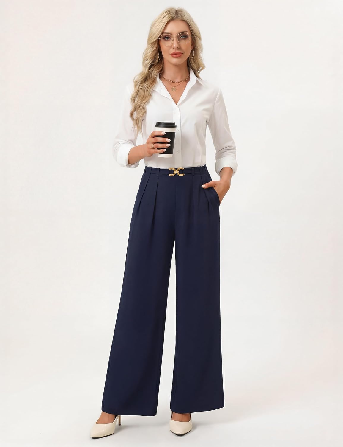 Women Business Casual Pants Wide Leg Dress Trousers High Waisted Lounge Outfits with Pockets