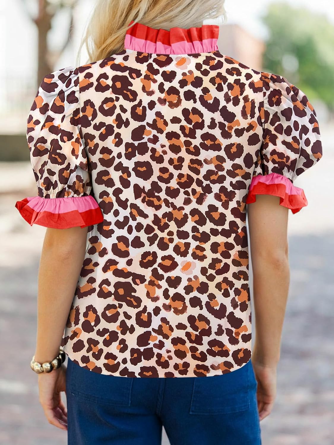 Women's Leopard Print Blouse Ruffle V Neck Puff Sleeve Women's Leopard Print Blouse Ruffle V Neck Puff Sleeve