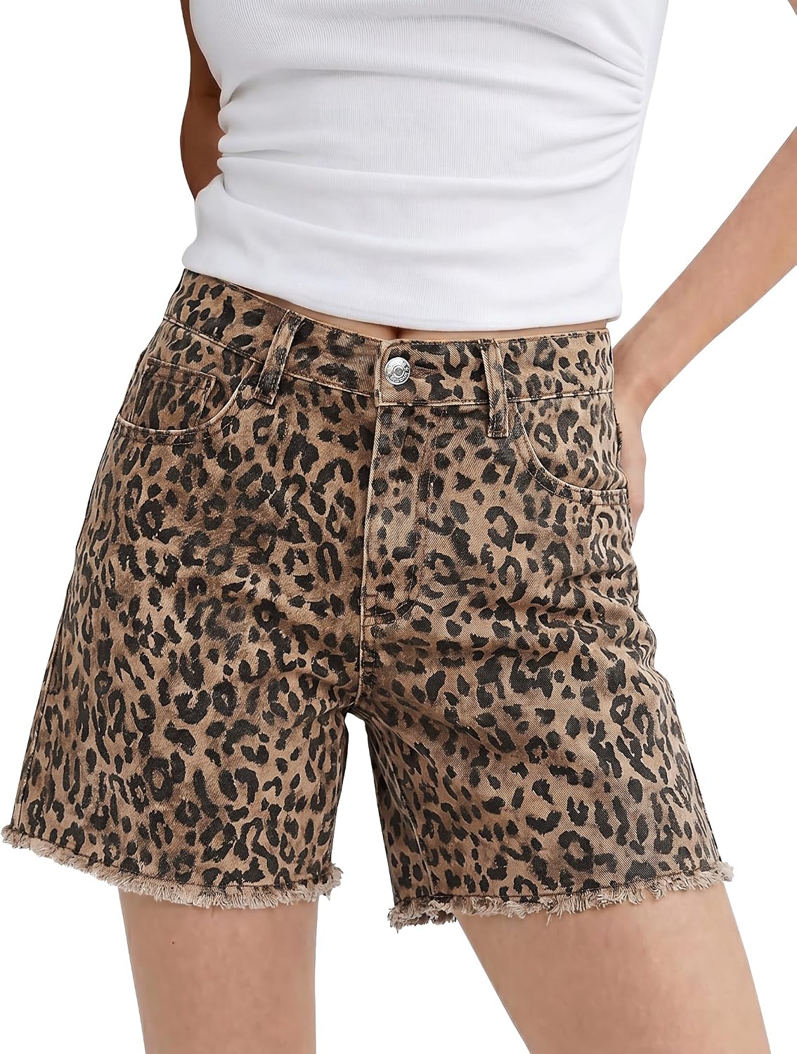 Leopard Jean Shorts for Women Trendy High Rise Cheetah Denim Jorts Waisted Mid Thigh Animal Print Relaxed Fit Fabric Raw Hem Country Concert