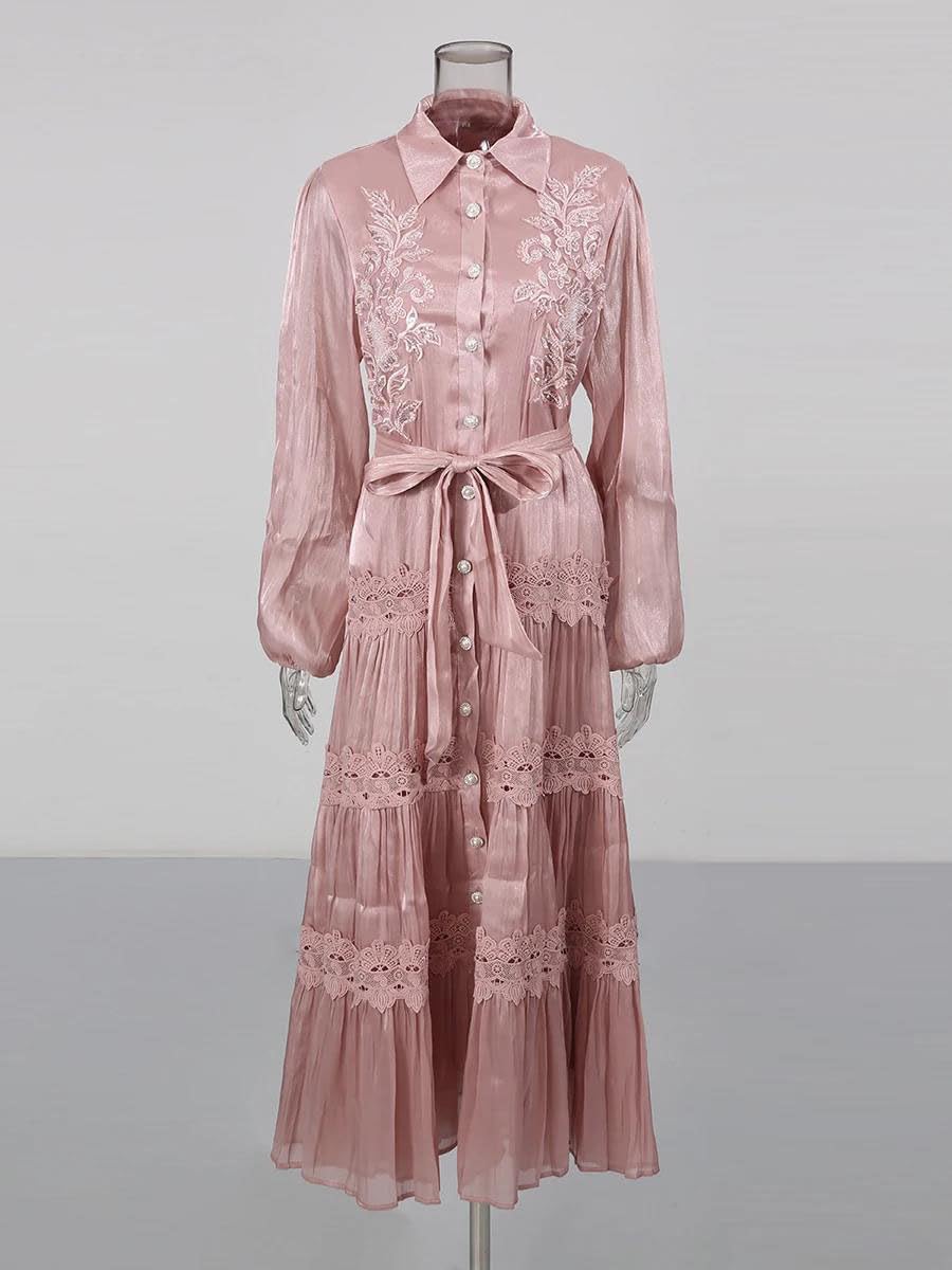 Women's Floral Embroidered Maxi Dress Lapel Long Sleeve Pink