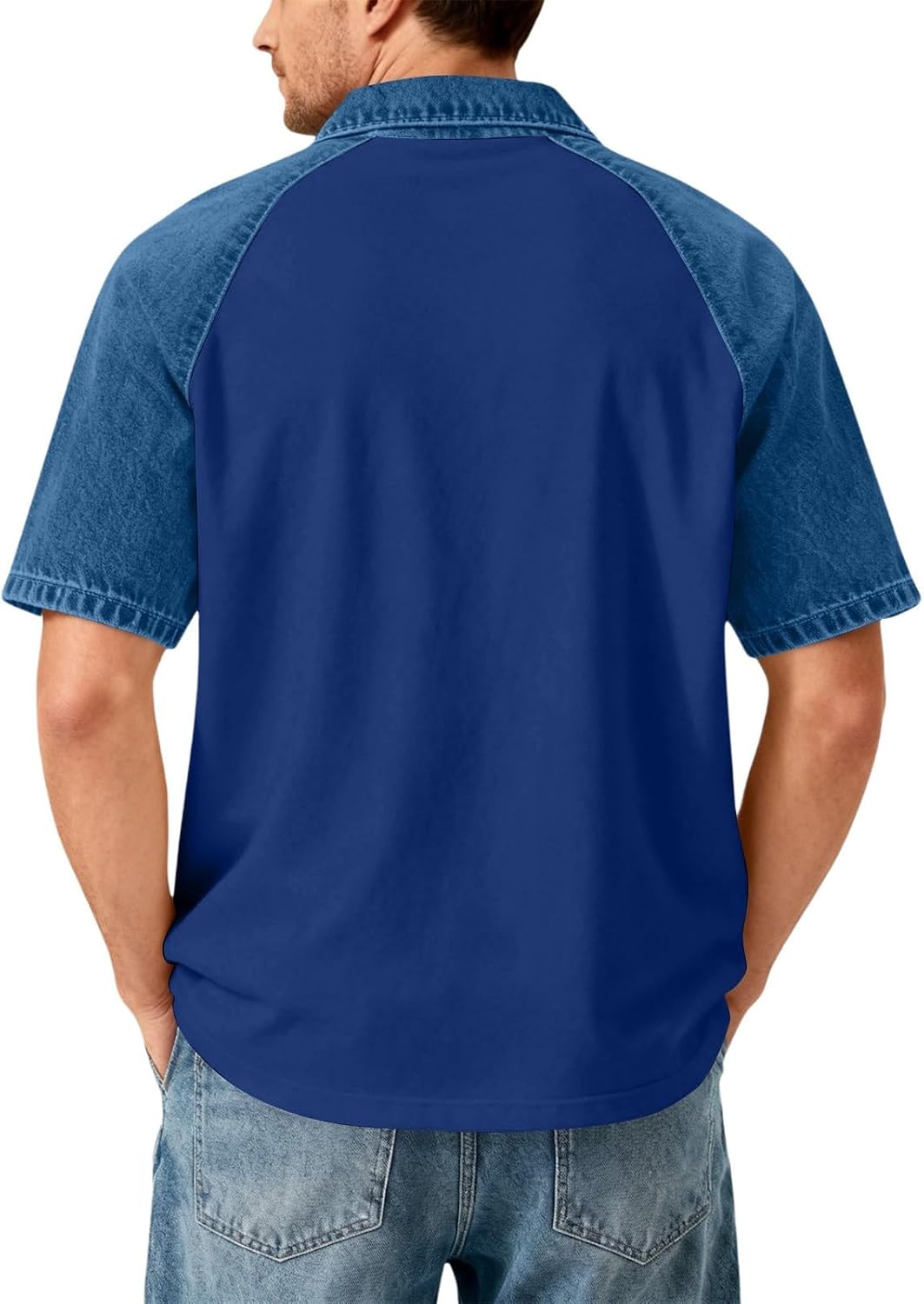 Men's Faux Denim Polo Shirt Color Block Blue Men's Faux Denim Polo Shirt Color Block Blue