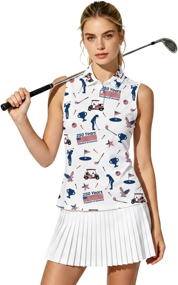 Women's Sleeveless Golf Polo Collared Tank Patriotic Print