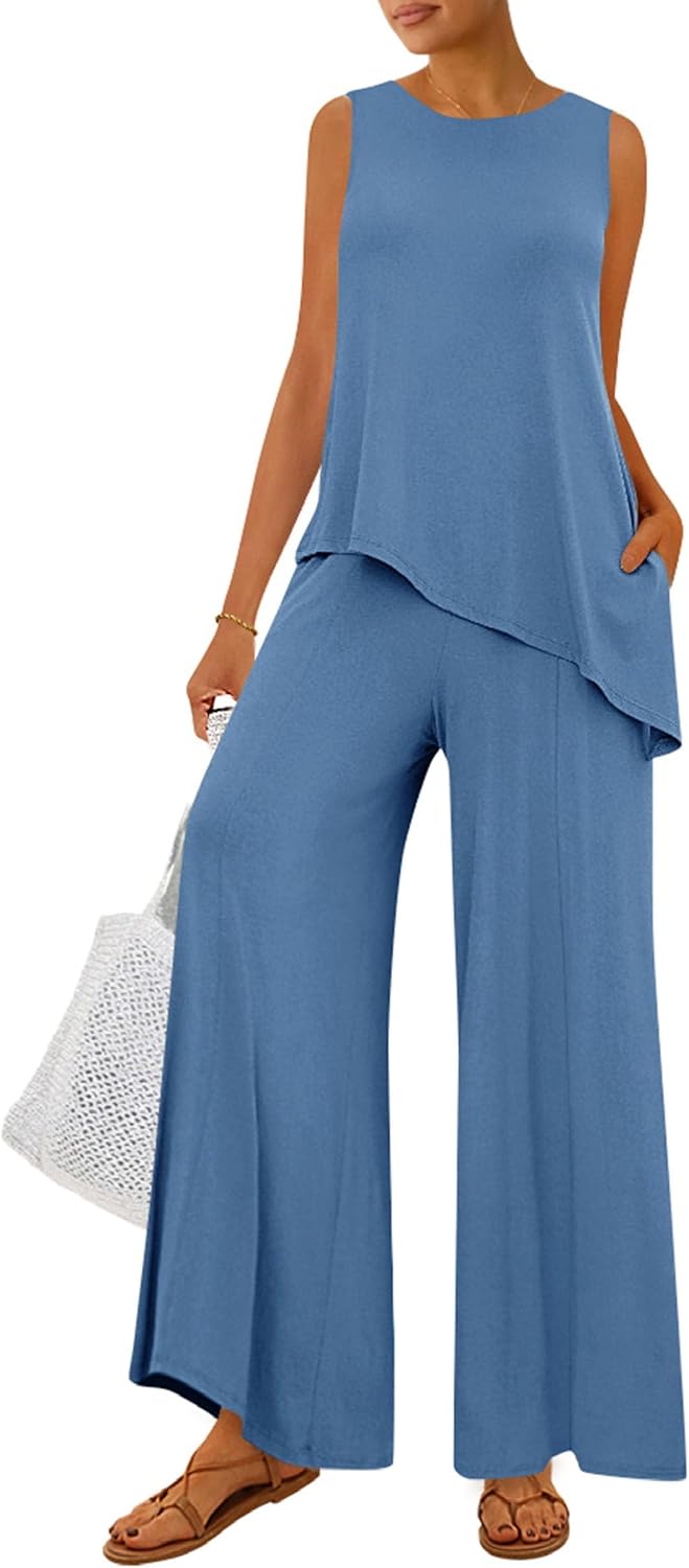 Women's 2 Piece Lounge Set Asymmetrical Tank Dusty Blue