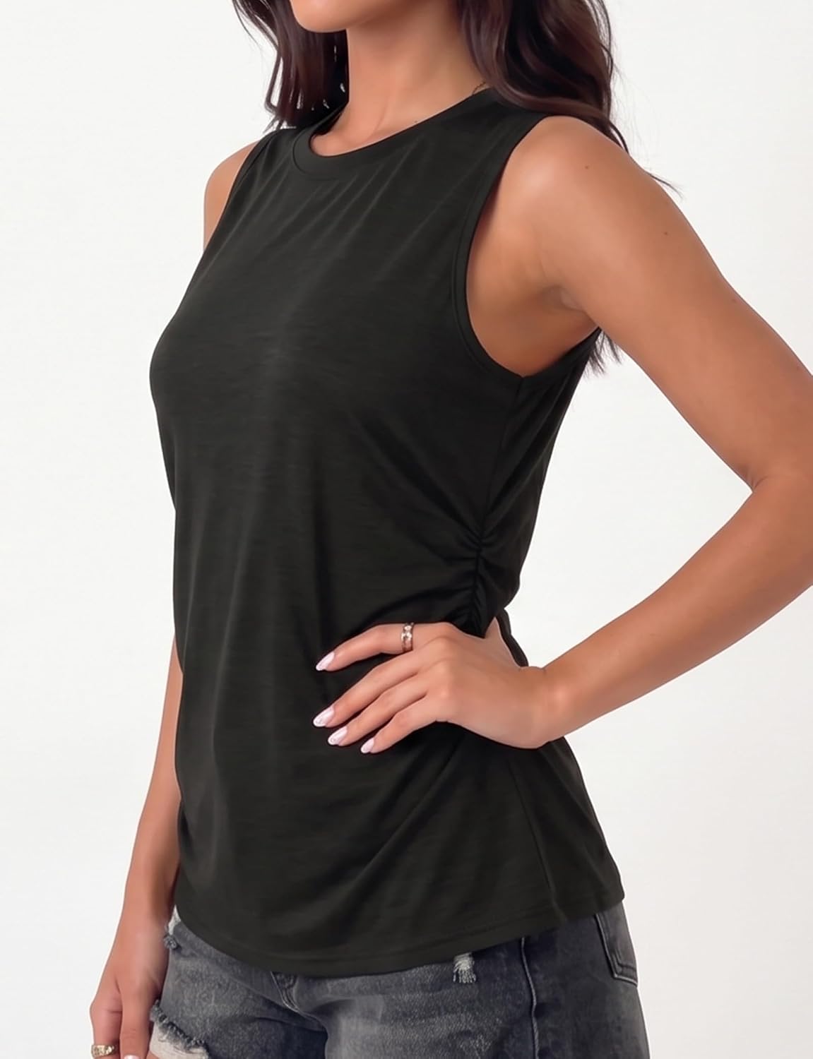 Women's Crewneck Ruched Side Loose Fit Tank, Olive