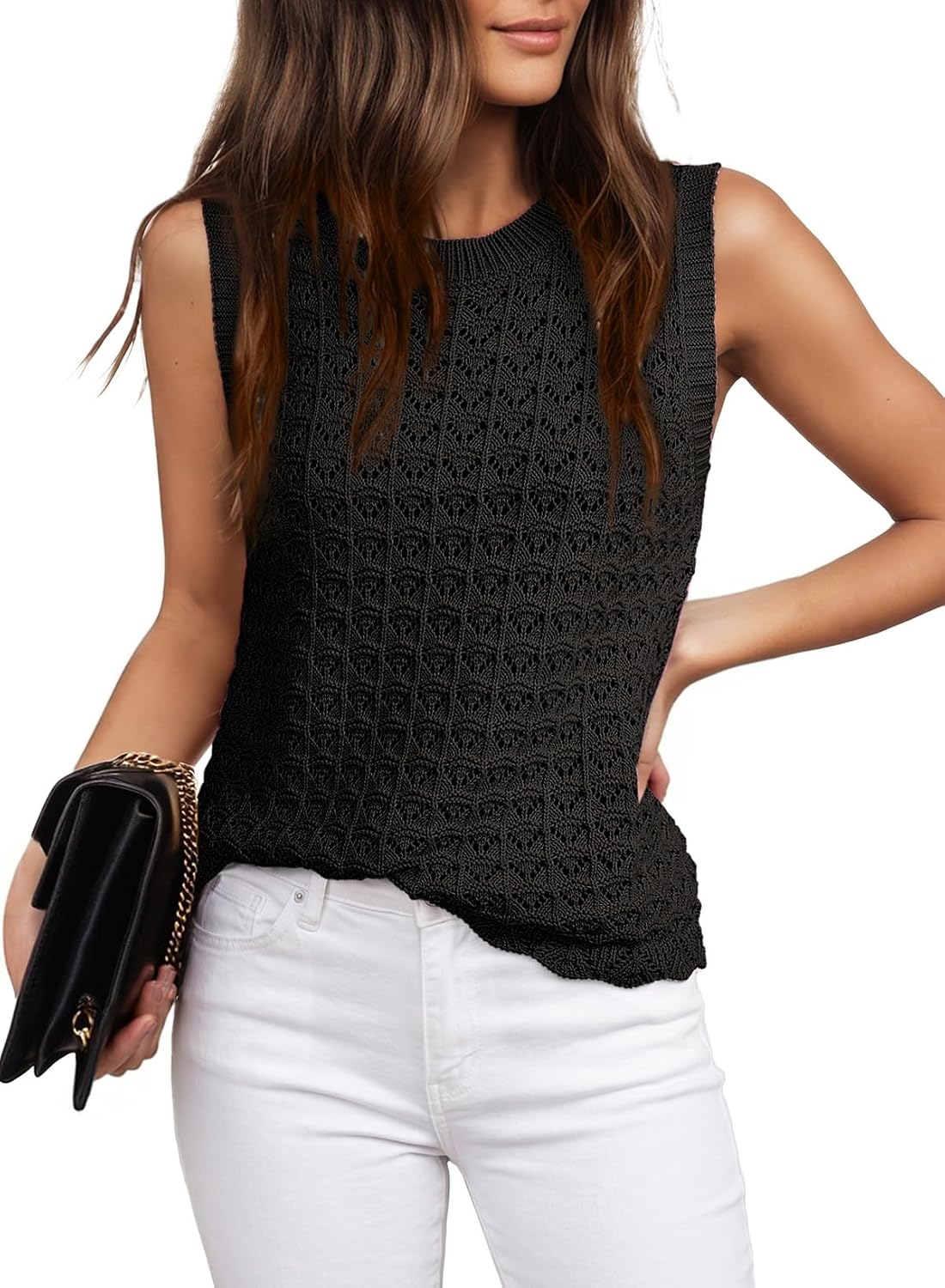 Women's Black Crochet Sleeveless Knit Tank