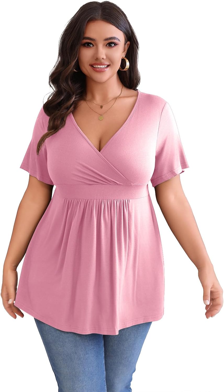 Womens Plus Size Tops Summer Short Sleeves Tunic Casual V-Neck Wrap Shirts Dressy Work Blouses L-4XL Womens Plus Size Tops Summer Short Sleeves Tunic Casual V-Neck Wrap Shirts Dressy Work Blouses L-4XL