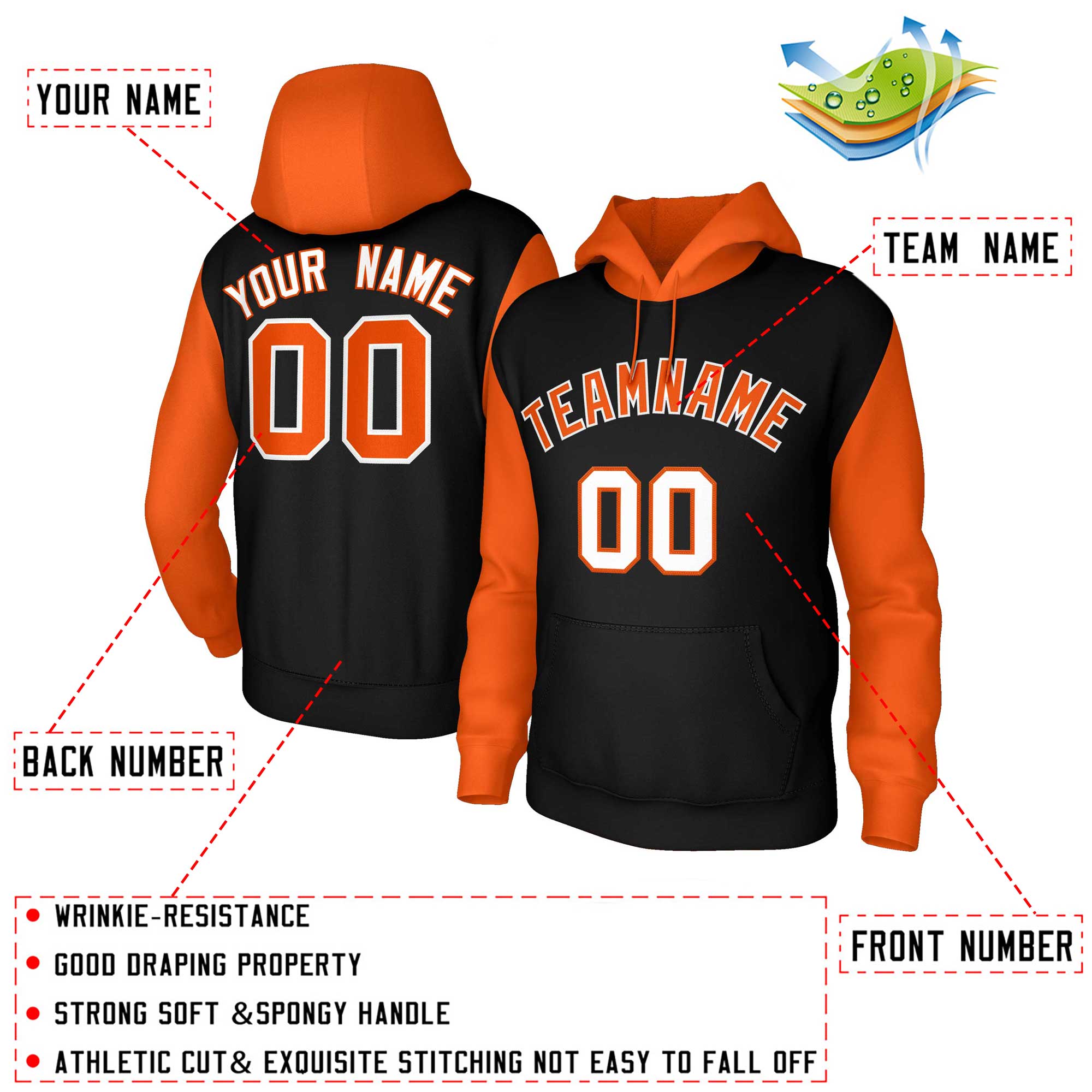 Maßgeschneiderter, genähter Sportwear-Pullover-Hoodie mit Raglanärmeln