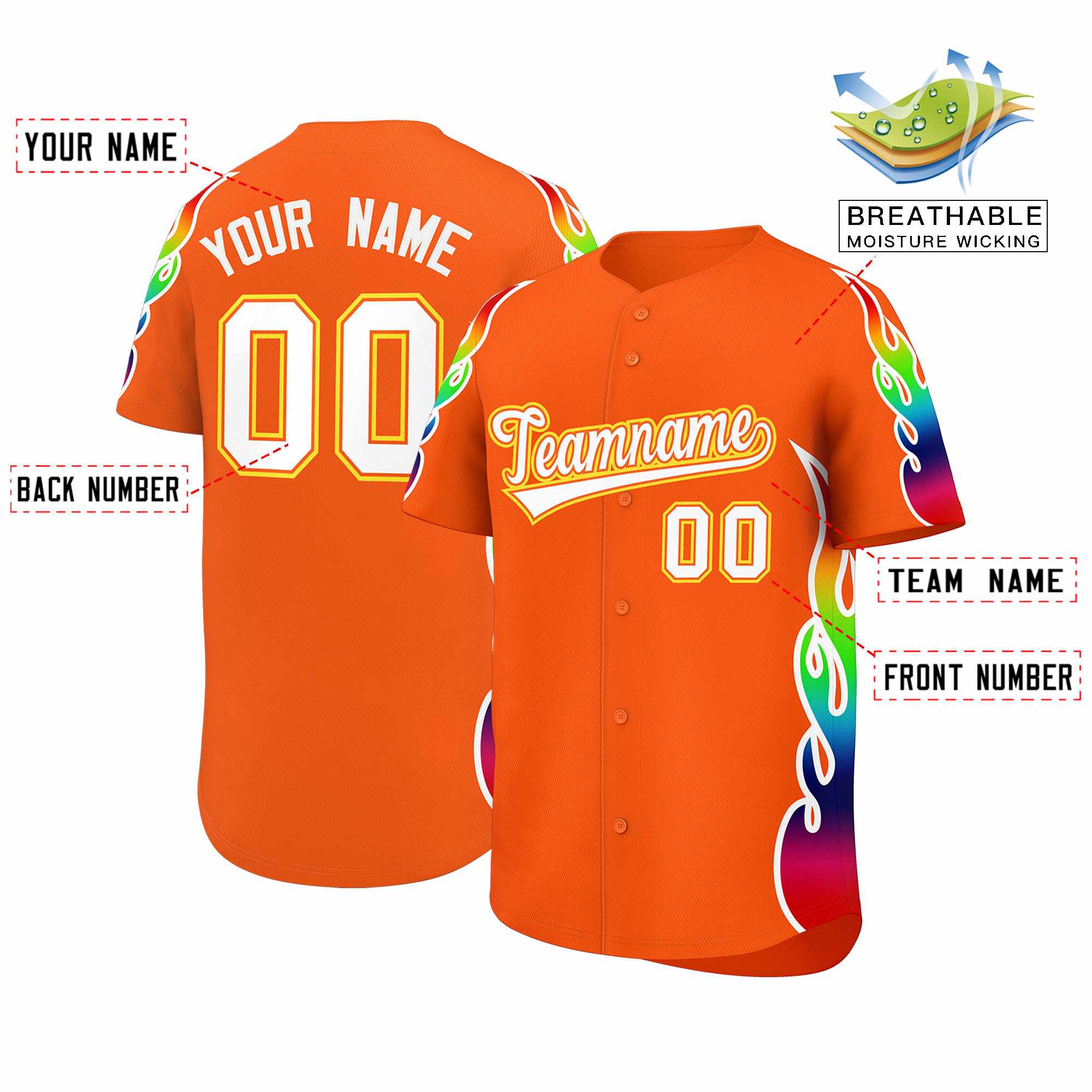 Benutzerdefiniertes Graffiti-Muster, personalisierter mehrfarbiger Flammendruck, authentisches Baseball-Trikot