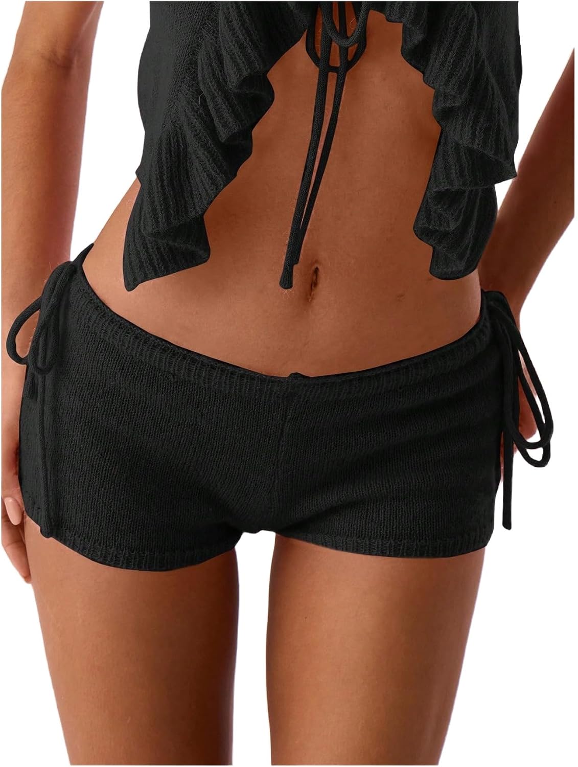Women's Tie Side Knit Micro Shorts Black