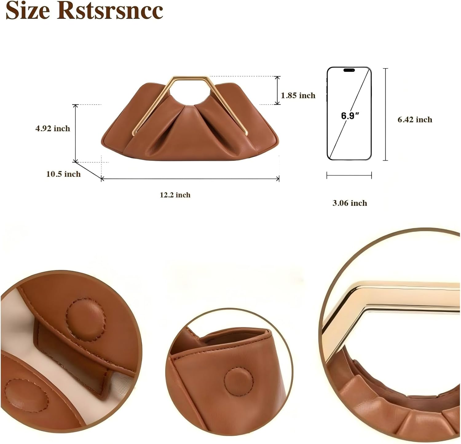 Women's Brown Ruched Dumpling Clutch with Gold Metal Handle