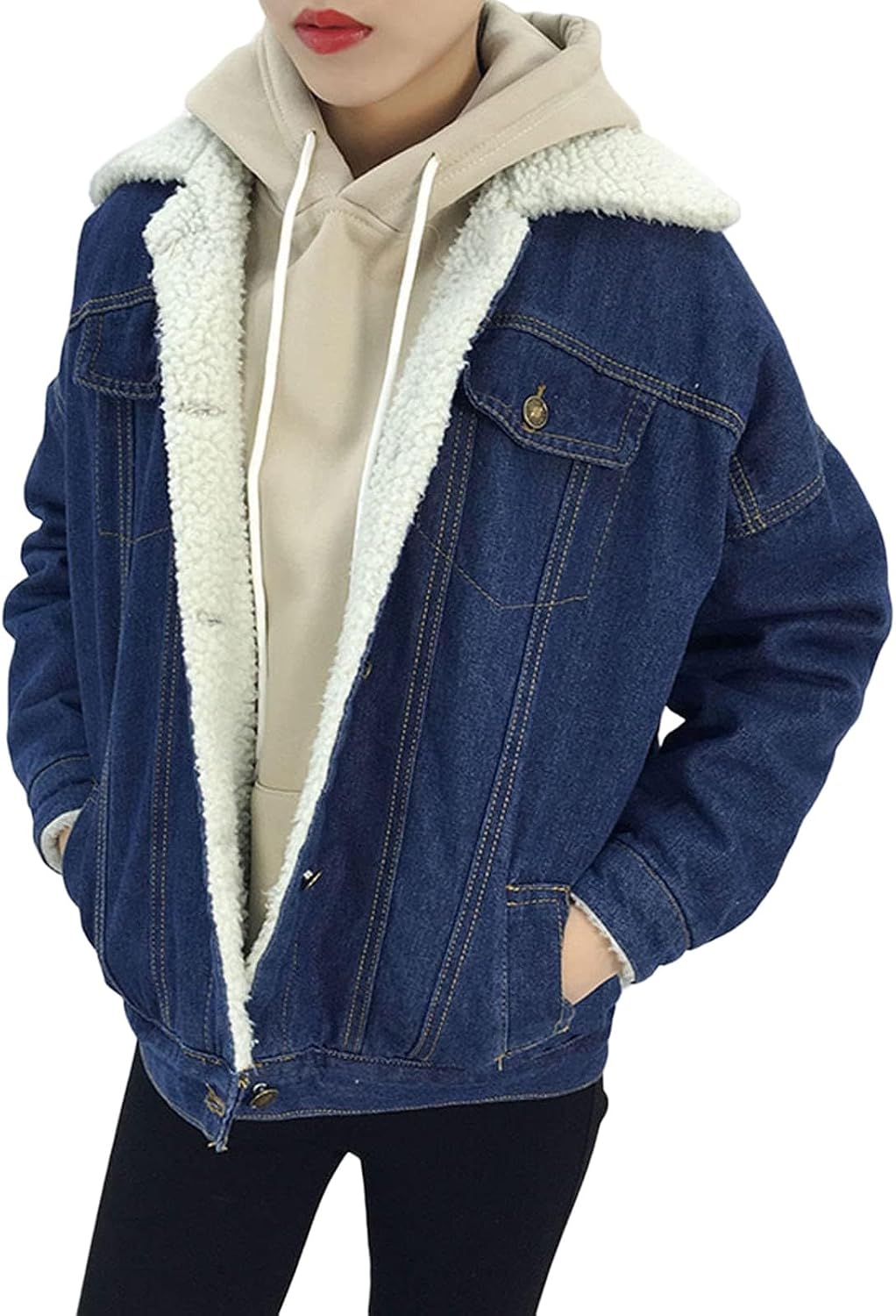 Womens Denim Jackets with Hood Sherpa Fleece Lined Jacket Vintage Button Down Jean Pockets Heavyweight