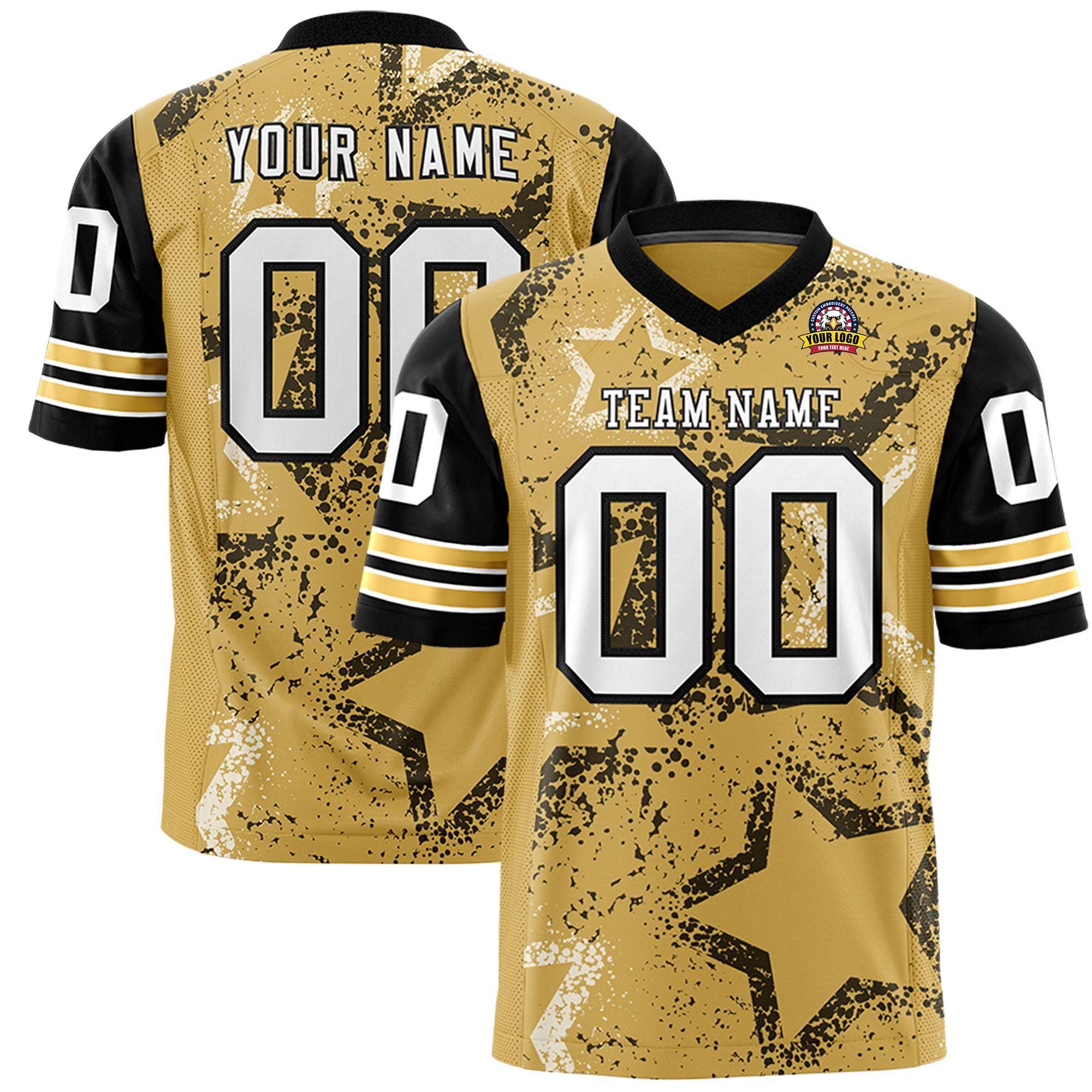 Benutzerdefiniertes Schwarz Altgold-Weiß Personalisiertes Sternmuster Design Authentisches Fußballtrikot