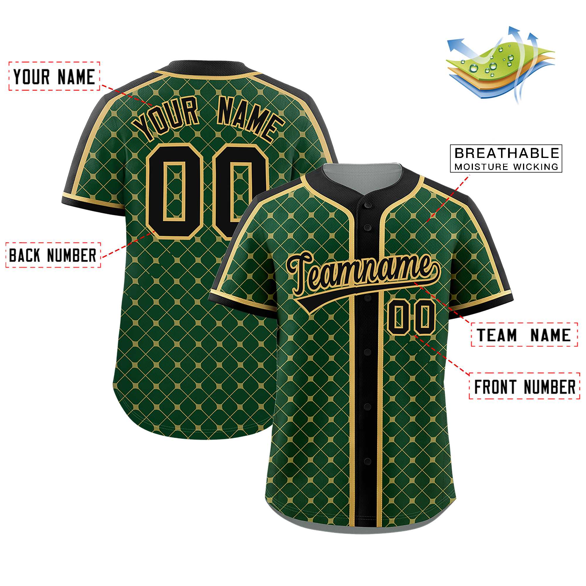 Benutzerdefiniertes authentisches Baseball-Trikot mit personalisiertem Karomuster in Grün, Schwarz und Altgold