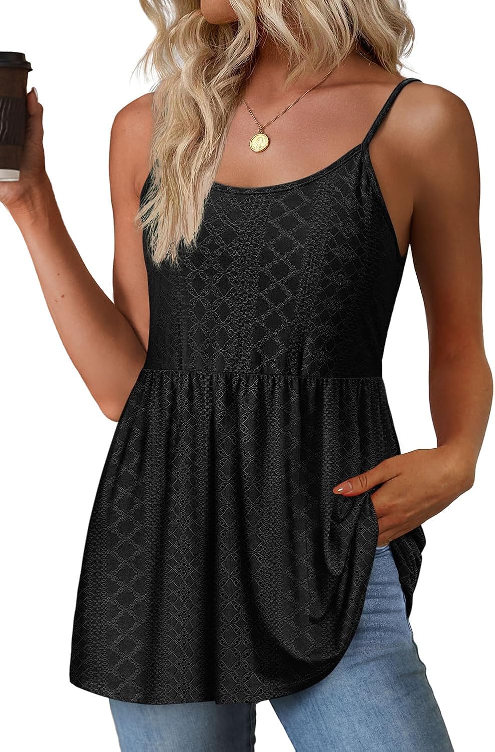 Women's Eyelet Spaghetti Strap Flowy Cami Black Women's Eyelet Spaghetti Strap Flowy Cami Black