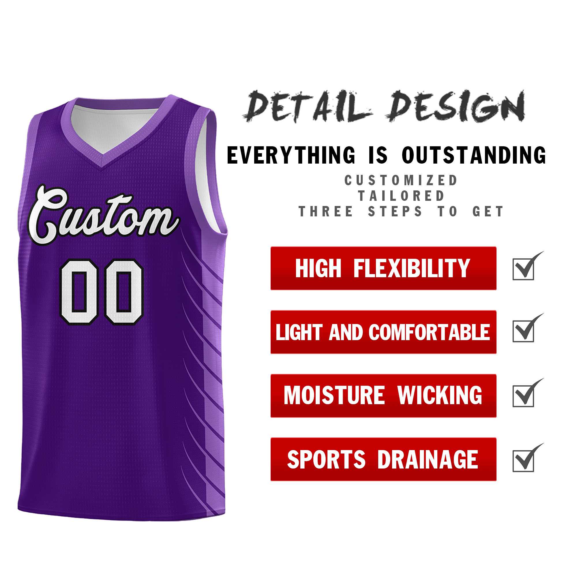 Benutzerdefiniertes lila hellviolettes personalisiertes seitliches symmetrisches Linienmuster-Sportuniform-Basketballtrikot