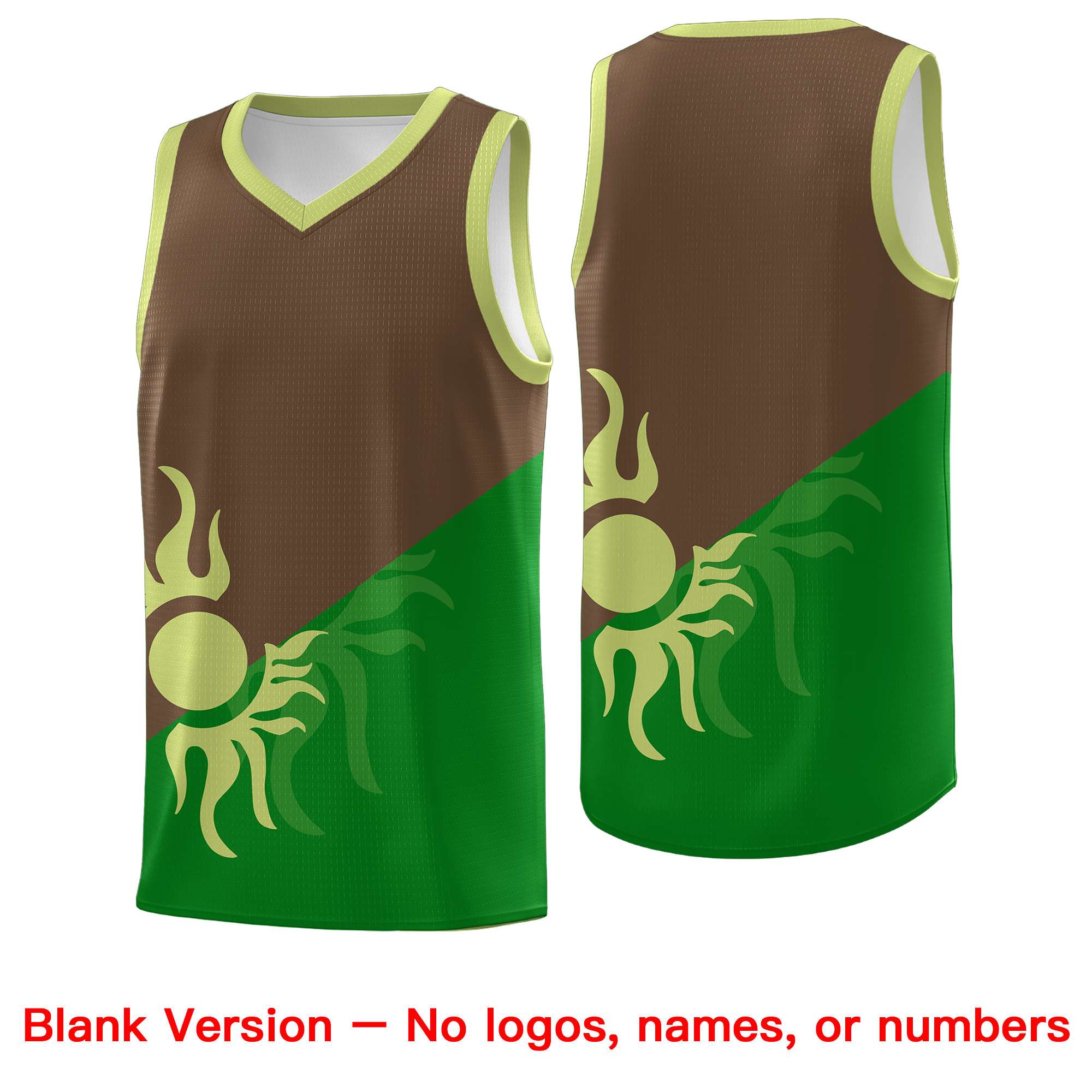 Maßgeschneidertes Kelly Green Hellbraun Sunburst Design Zweifarbiges, leichtes, einheitliches Basketballtrikot