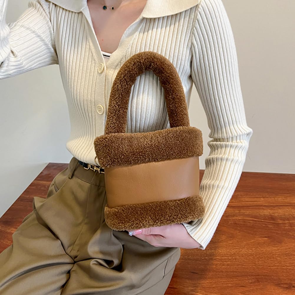 Women's Plush Teddy Top-Handle Bucket Bag, Brown