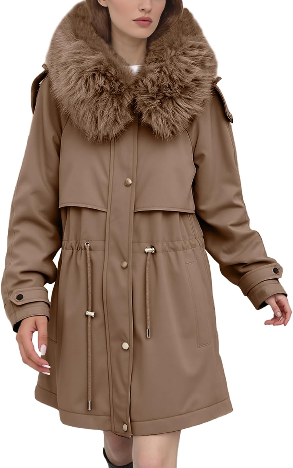 Women Warm Thicken Winter Parka Coat Fleece Lined Military Full-Zip Jacket Overcoat with Fur Hood