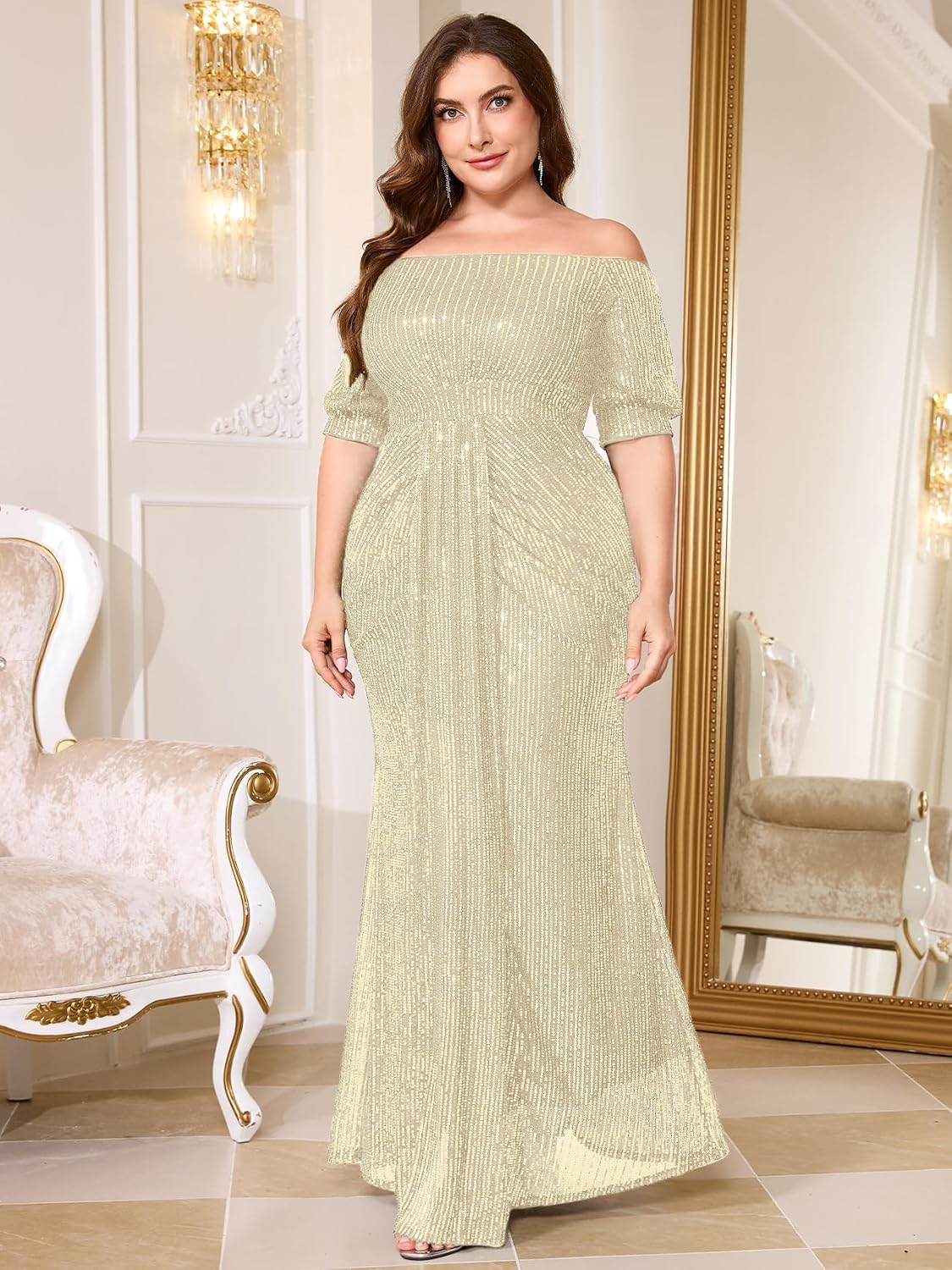 Plus Size Formal Dress Off the Shoulder Sequin Ruched Draped Maxi Evening Gown Cocktail Wedding Prom Gala Party