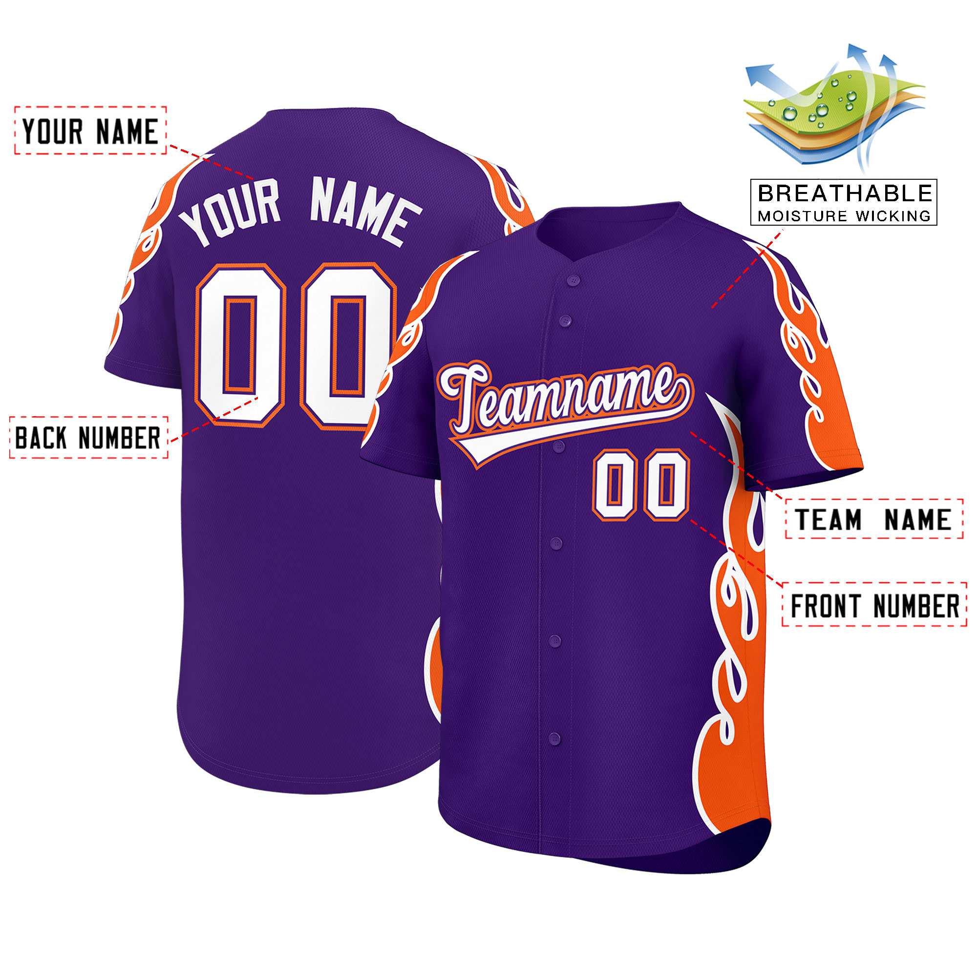 Benutzerdefiniertes Baseball-Trikot mit Seitenflammen-Umrissmuster für Sportuniformen