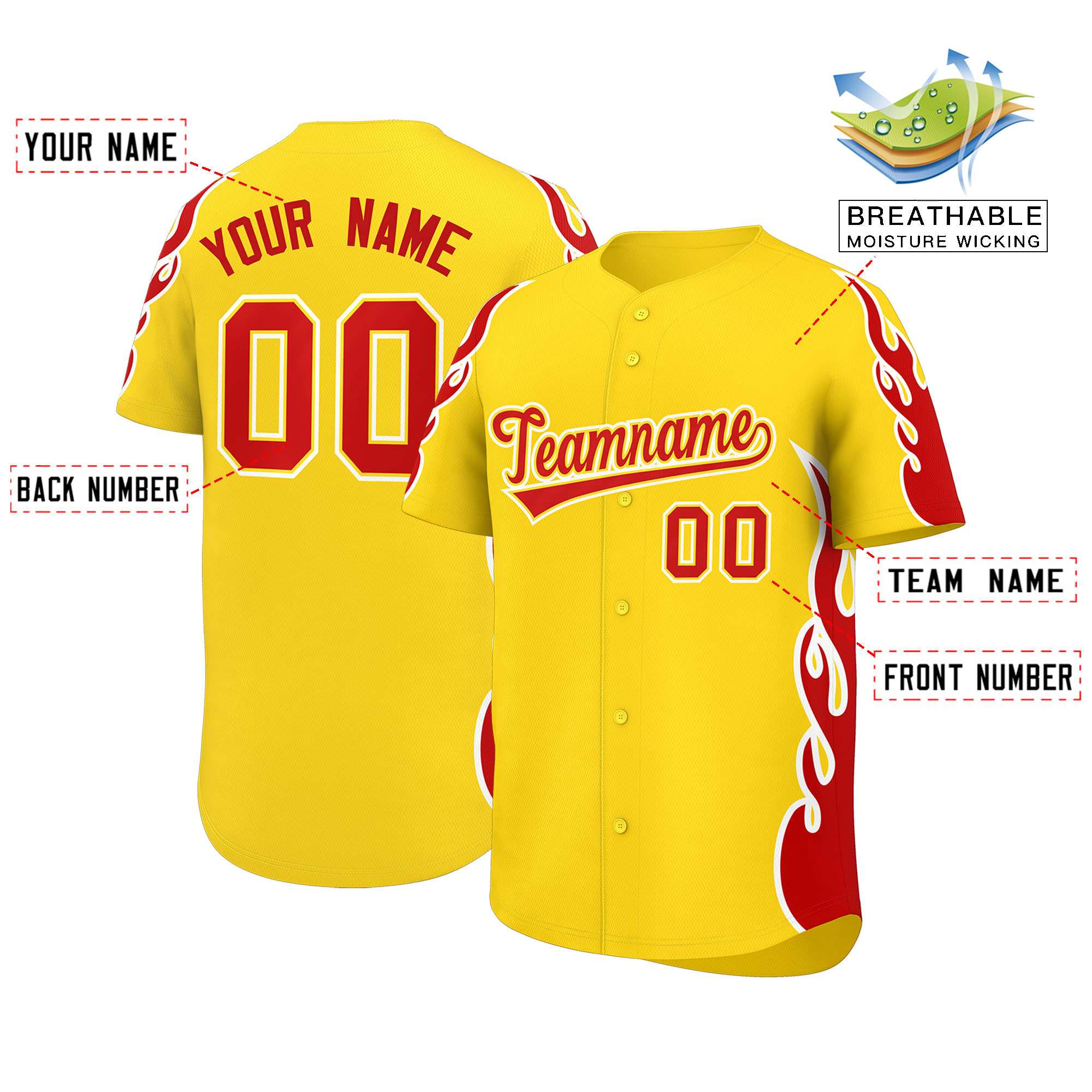 Benutzerdefiniertes Baseball-Trikot mit Seitenflammen-Umrissmuster für Sportuniformen