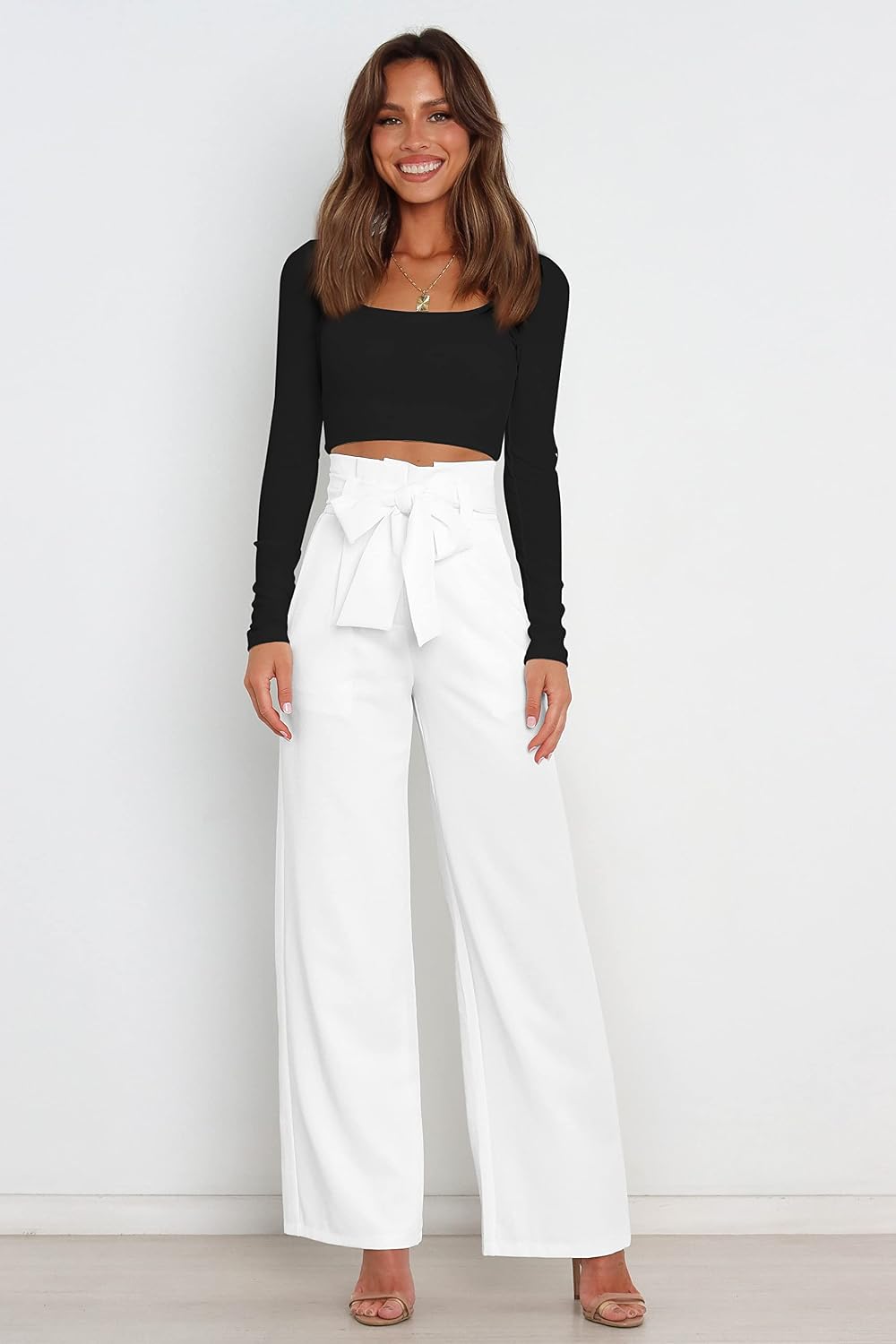 Womens Flowy Wide Leg Dress Pants High Waist Belted Business Casual Palazzo Work