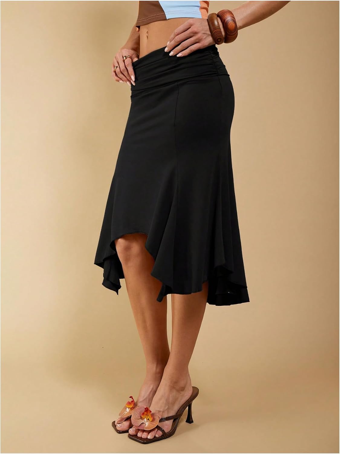 Women's High Low Ruffle Midi Skirt Elastic Black Women's High Low Ruffle Midi Skirt Elastic Black