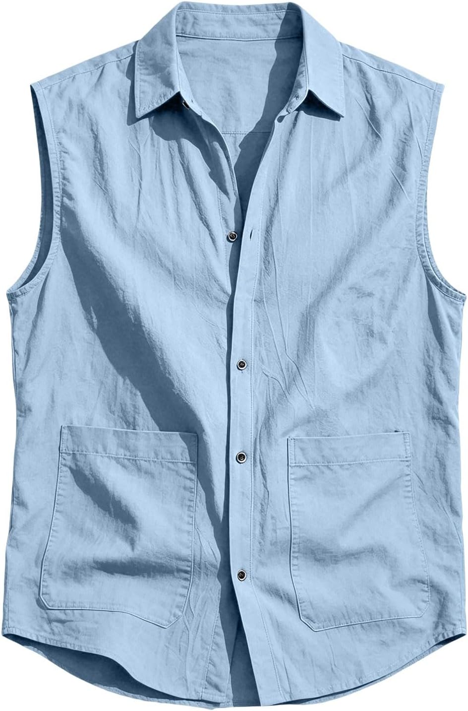 Men's Sleeveless Button Down Shirt Dual Pocket Light Blue