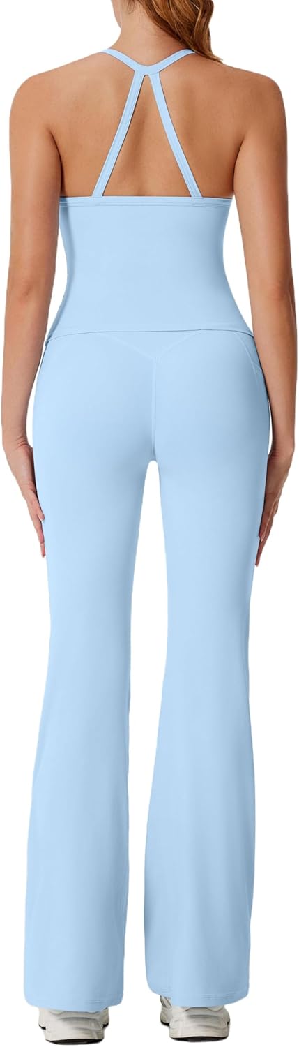 Cross Back Workout Sets for Women 2 Piece Padded Tank Tops Flare Leggings Gym Outfits with Pockets