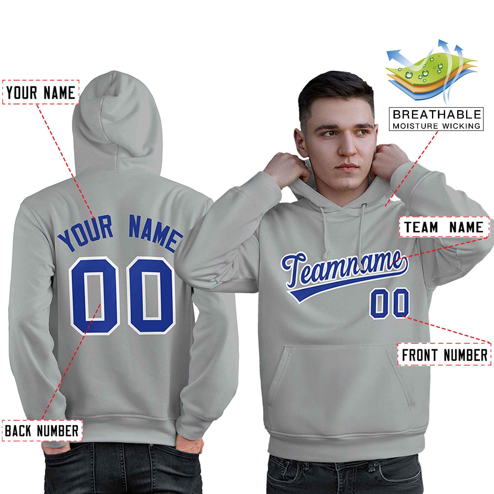 Benutzerdefinierter, personalisierter Sport-Pullover-Hoodie im klassischen grau-königsweißen Stil