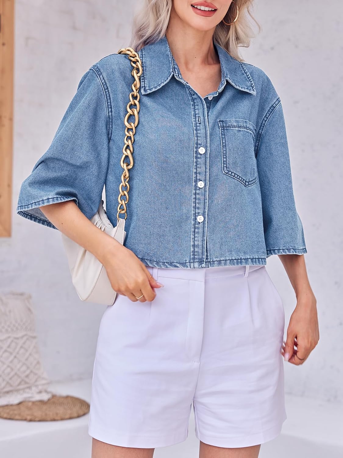 Women's Cropped Denim Shirt Half Sleeve Button Down