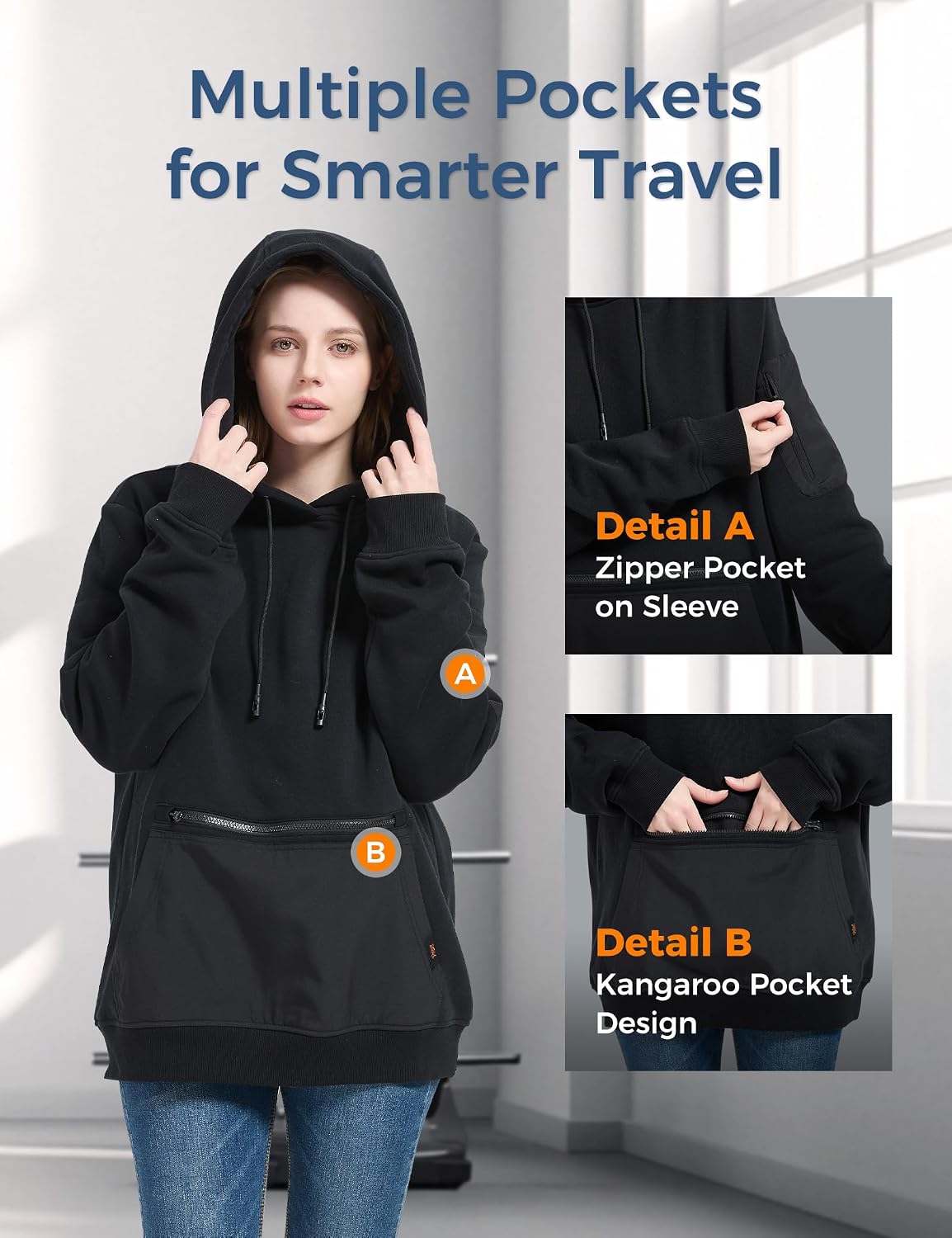 Travel Hoodie with Built-In Eye Mask for Airplane Breathable Comfort Pullover Sweatshirt Multiple Pockets Travel Hoodie with Built-In Eye Mask for Airplane Breathable Comfort Pullover Sweatshirt Multiple Pockets