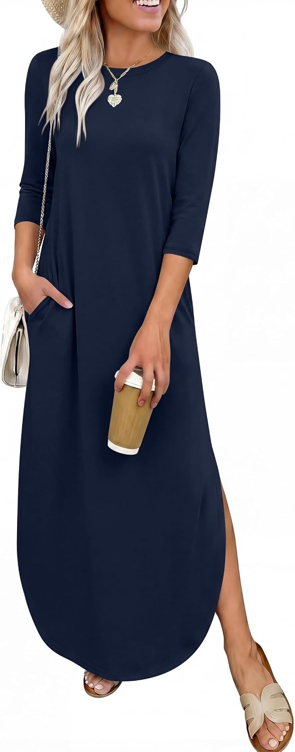 Women\u2019s 3-Quarter Sleeve Maxi Dress Pockets Soft Wrinkle Resistance Fabric Casual Loose Crewneck Split Travel Vacation Work All-Day Wear Fall Spring Transition Outfits
