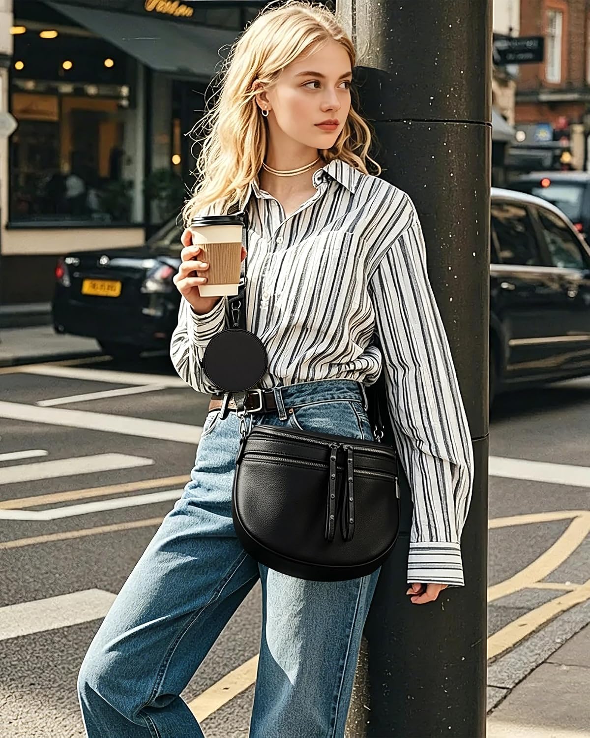 Women's Vegan Leather Saddle Crossbody Bag with Coin Purse