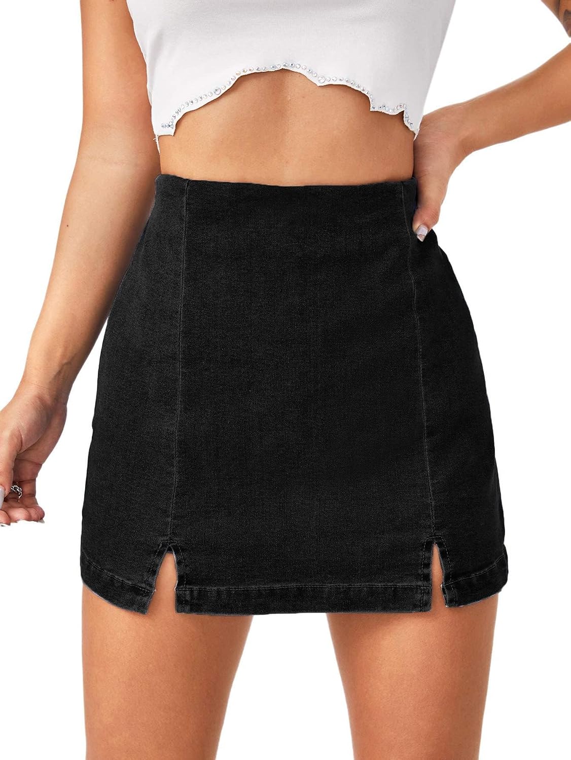Women's High Waisted Denim Skort Black Split Hem