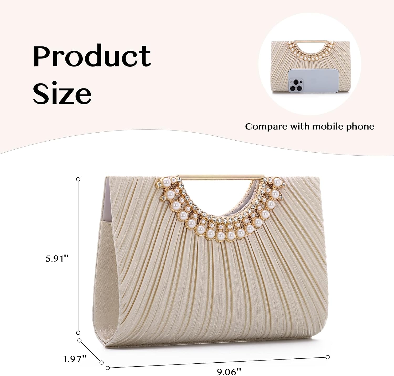 Women's Pleated Satin Clutch with Pearl Handle and Chain