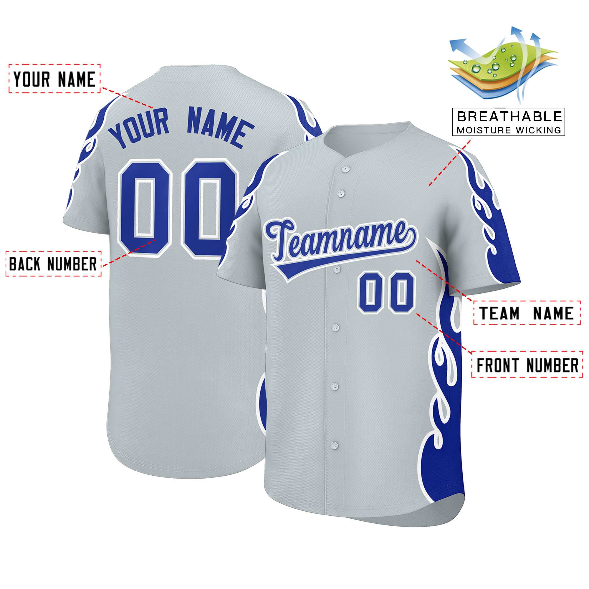 Benutzerdefiniertes Baseball-Trikot mit Seitenflammen-Umrissmuster für Sportuniformen