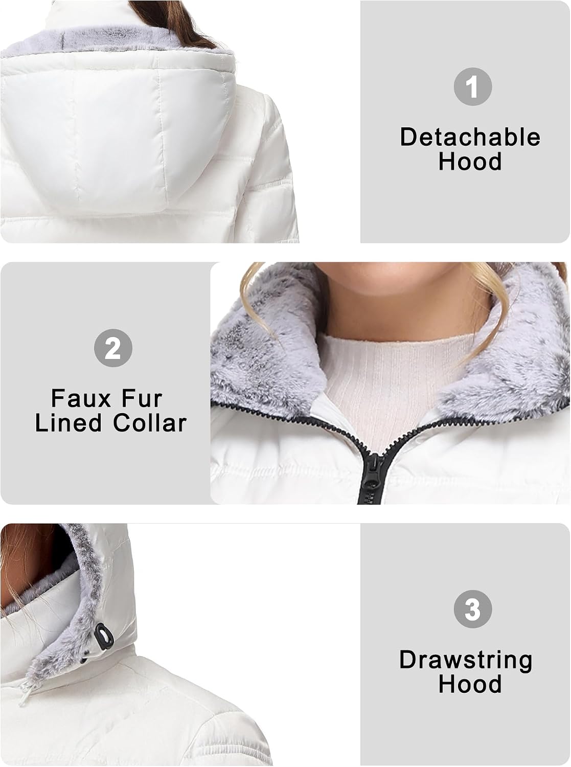 Women's White Short Puffer Jacket Fleece-Lined Hood Women's White Short Puffer Jacket Fleece-Lined Hood