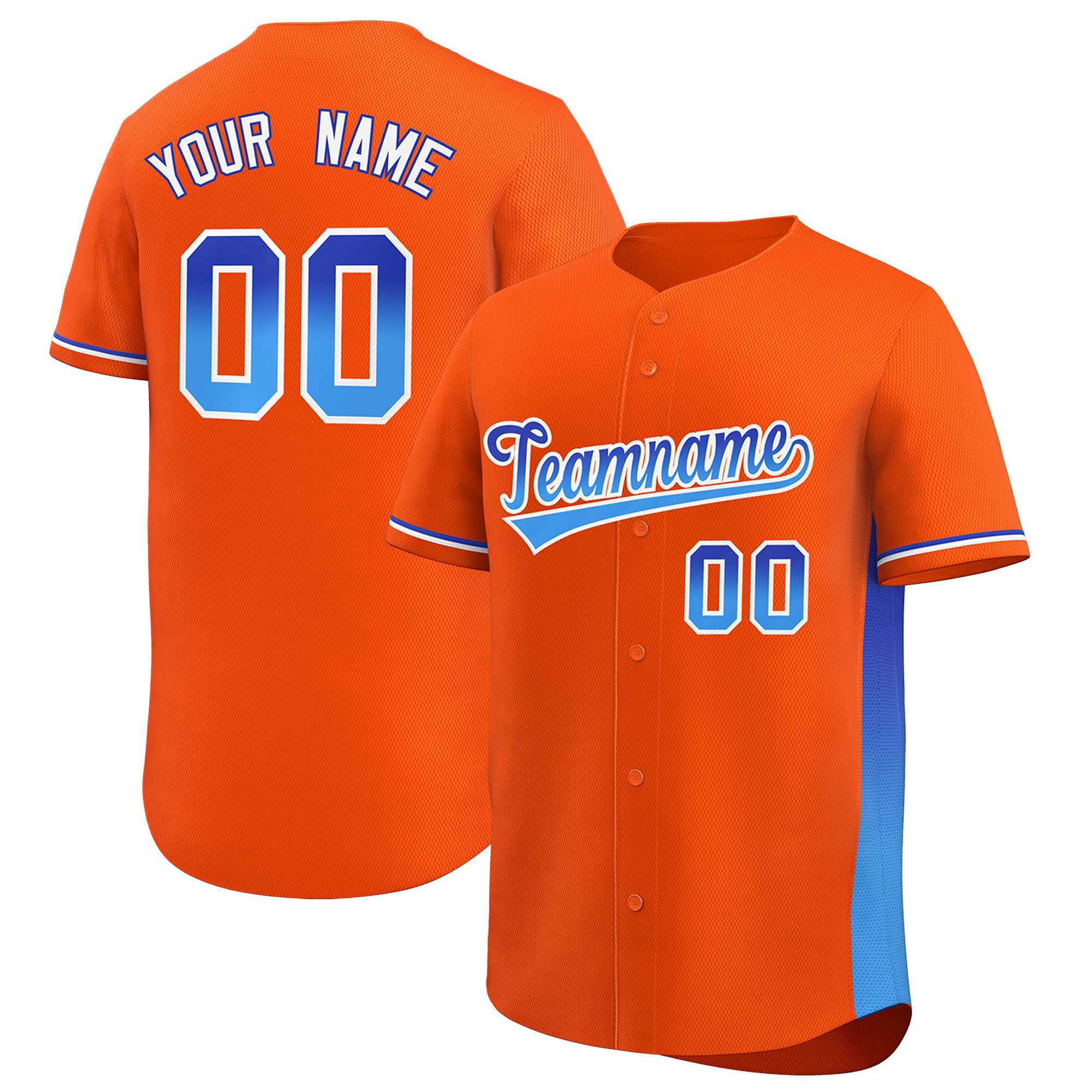Benutzerdefiniertes Orange Royal-Powder Blue, personalisierte Farbverlaufsschrift und Seitendesign, authentisches Baseball-Trikot