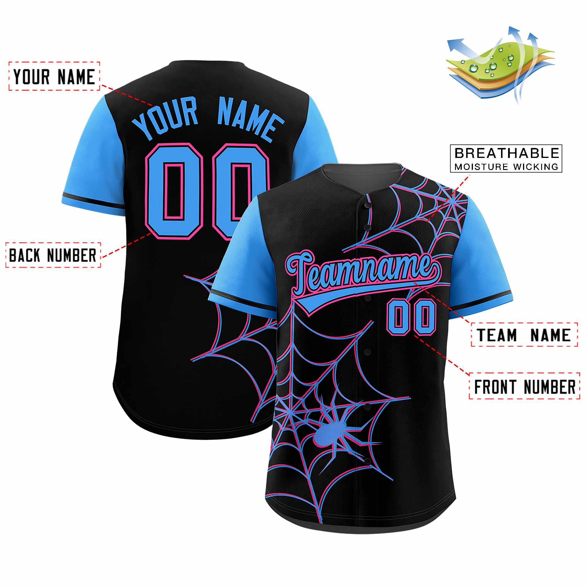 Benutzerdefiniertes Spinnennetz-Muster, Raglanärmel, authentisches Baseball-Trikot