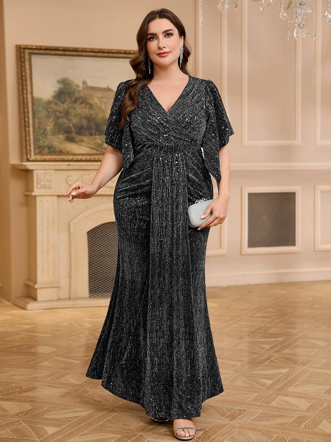 Plus Size Formal Gown Black Tie Dress Sequin Ruched Draped Sparkly Cocktail Wedding Prom Gala Evening Holiday