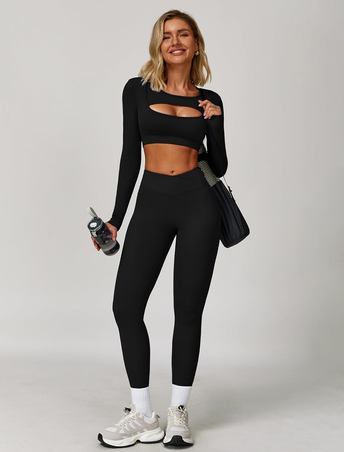 2 Piece Workout Sets for Women Seamless High Waist Flare Leggings Yoga Long Sleeve Cutout Crop Tops Athletic Sets