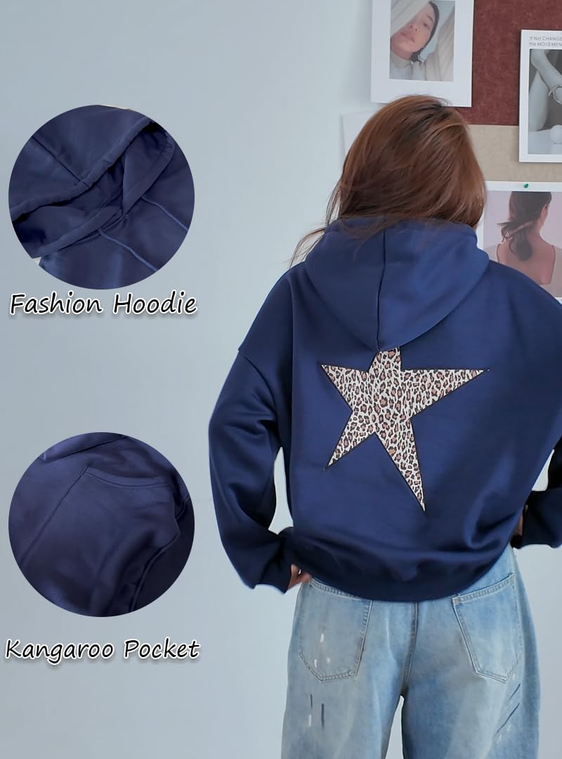 Star Graphic Hoodies Oversized Y2k Leopard Print Hooded Sweatshirt Cheetah Hoodie Streetwear Unisex Pullover Tops