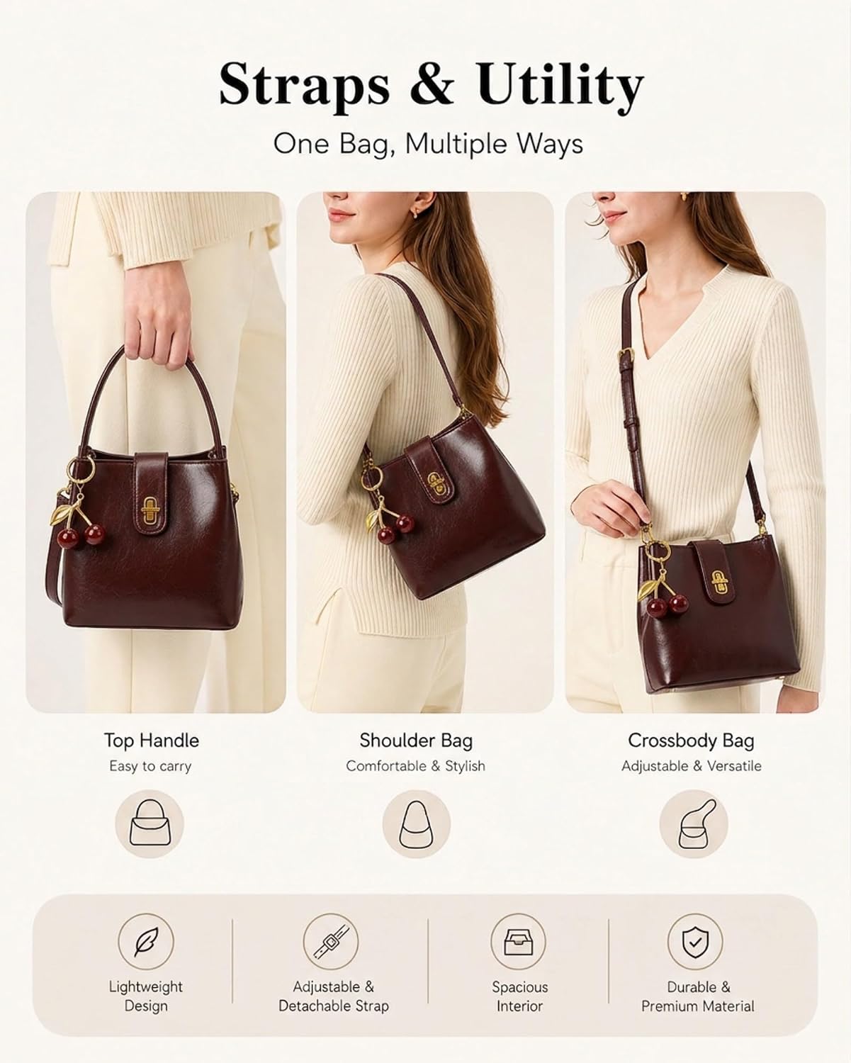 Women's Vegan Leather Bucket Bag with Cherry Charm Burgundy